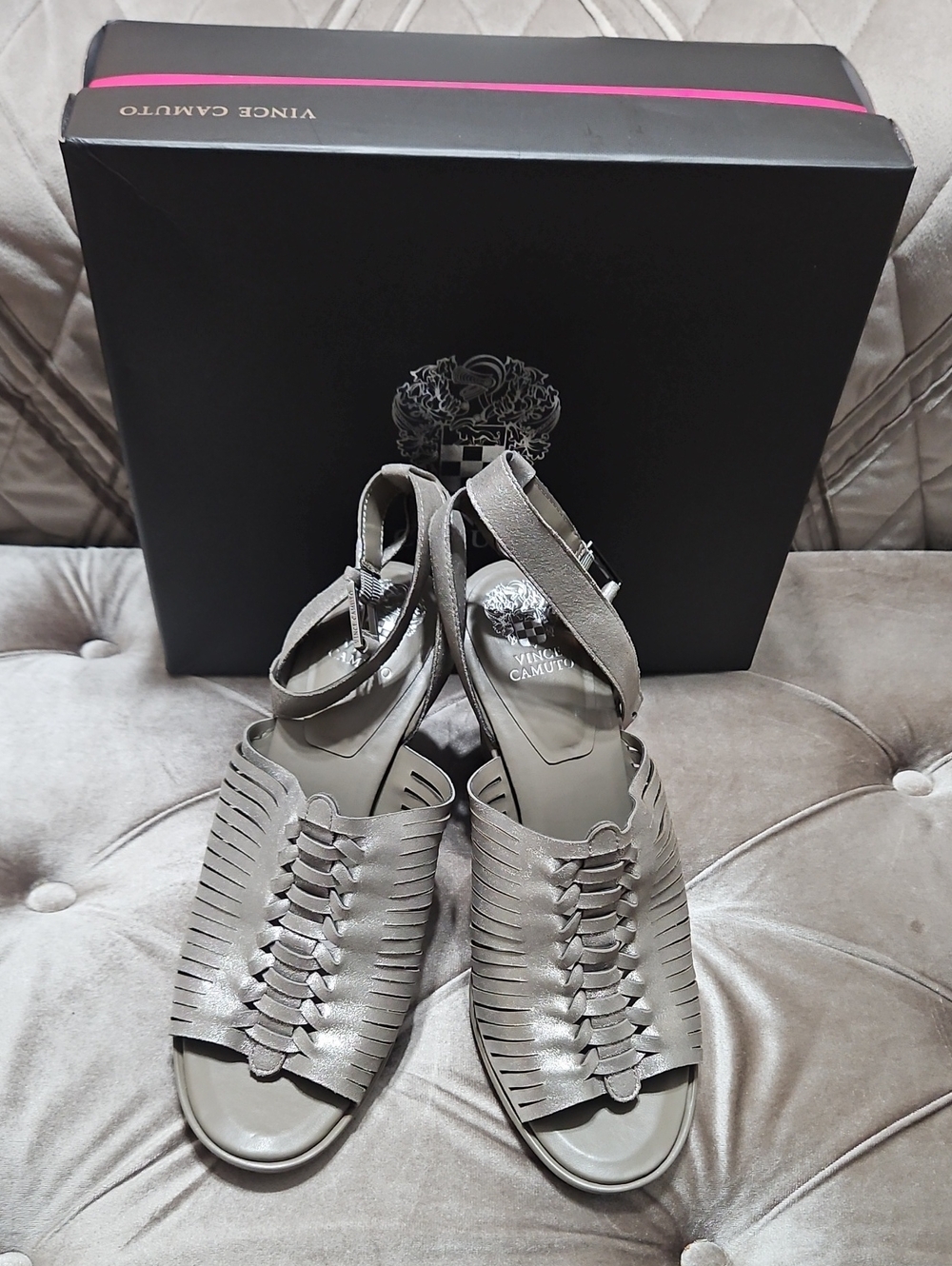 Vince Camuto Silver Woven Leather Slingback Sandals
